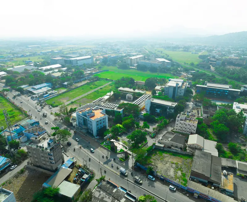 Aerial view of the Rathinam Global University campus and sports ground in Coimbatore