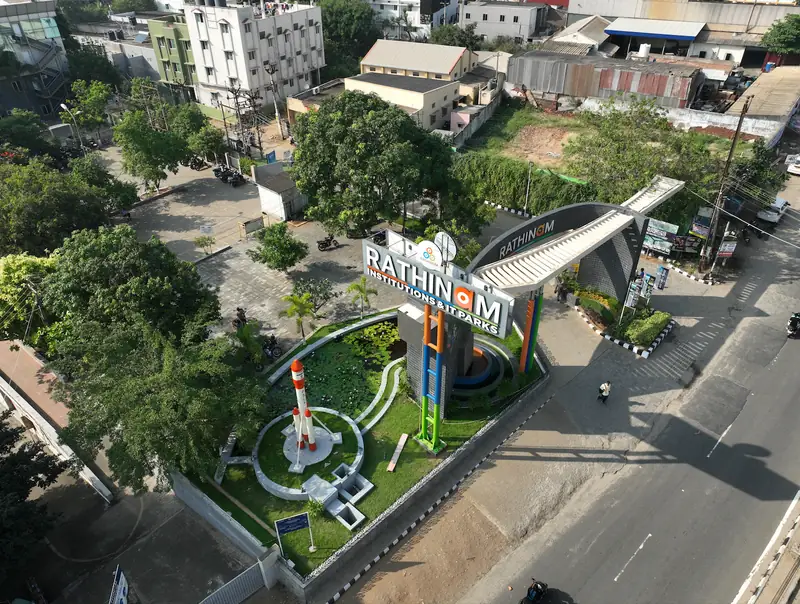 Rathinam Institutions and IT Parks entrance arch with rocket model