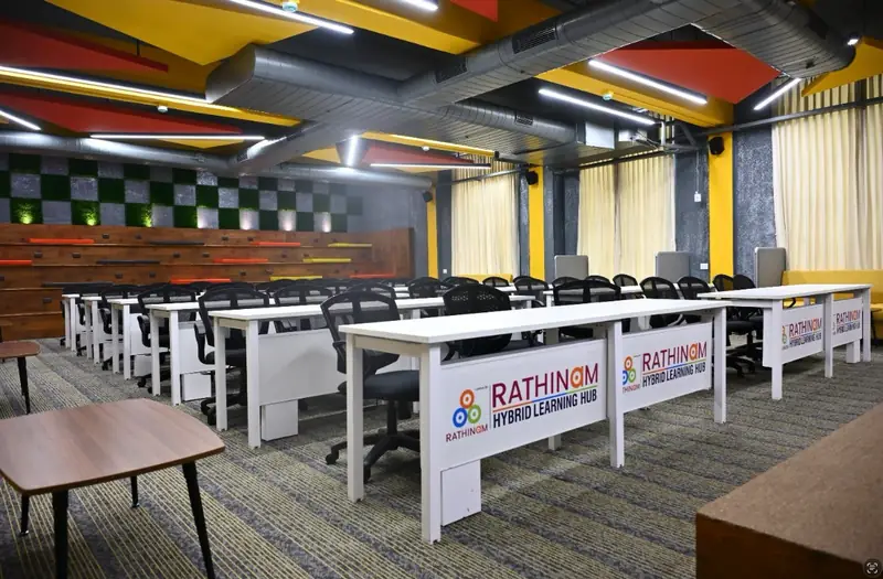 Rathinam Hybrid Learning Hub classroom with tiered seating